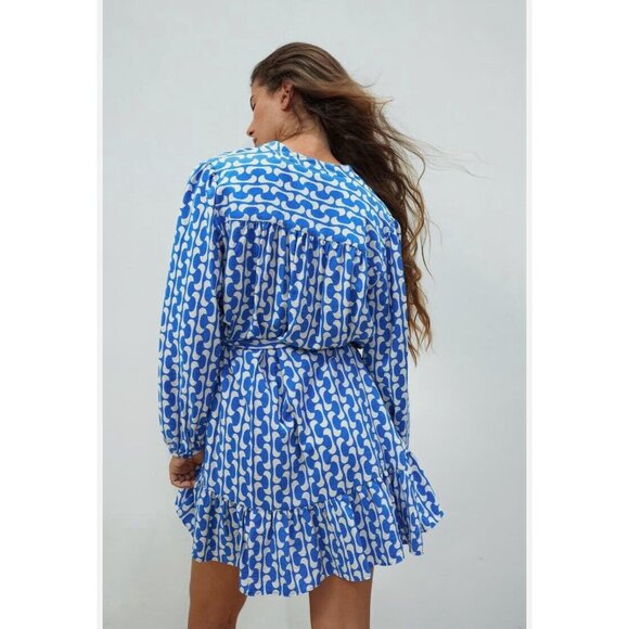 Zara Womens Blue White Flowy Dress With Belt Long Sleeves Ruffle Hem Size S - Picture 2 of 13